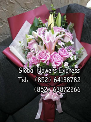SGPB208 瑪利亞玫瑰配粉百合花束 新加坡生日鮮花速遞新加坡商務訂花新加坡生日送花